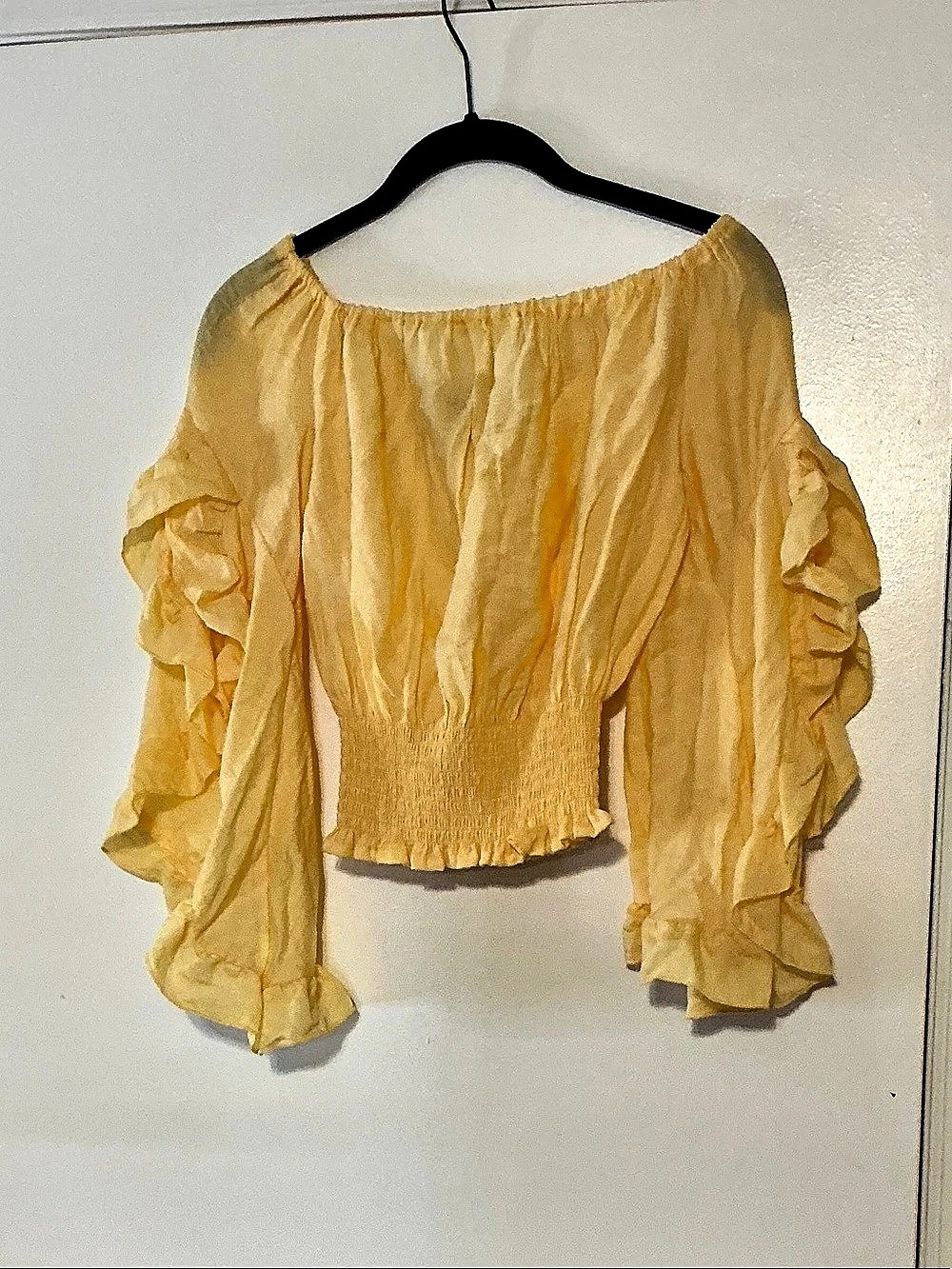 Rampage Lulus Sunny Story Mustard Yellow Lace Bell Sleeve Off-the-Shoulder Top